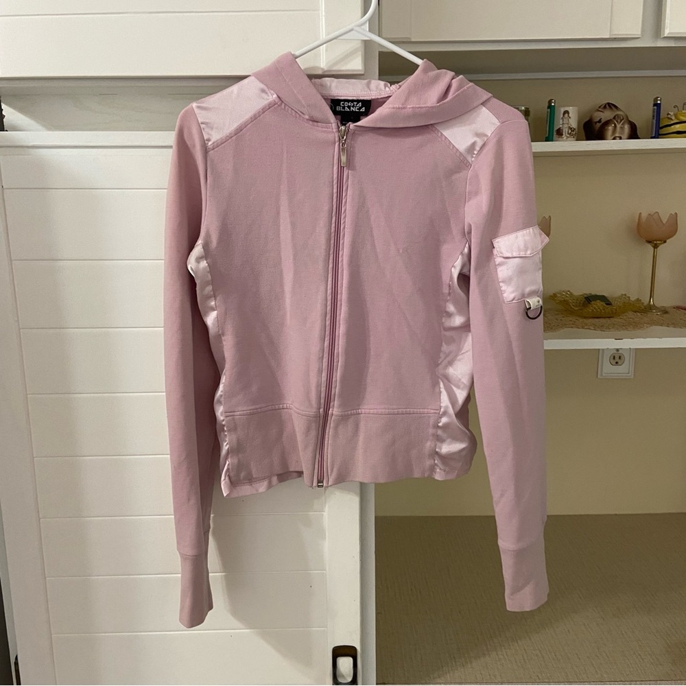 Y2K Pink Zip-Up Hoodie with satin accents